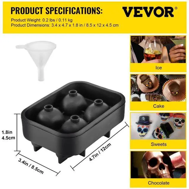 Alt view image 15 of 15 - VEVOR Skull Ice Cube Tray, 4-Grid Skull Ice Ball Maker, Flexible Black Silicone Ice Tray with Lid & Funnel, Funny Skull Ice Cubes 1.6"x1.8" Each for Beverage, Chocolate, etc. on Parties & Holidays