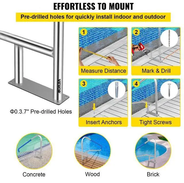 Alt view image 6 of 8 - VEVOR Pool Rail Pool Railing 54x36" Pool Handrail Stainless Steel W/ Grip Cover