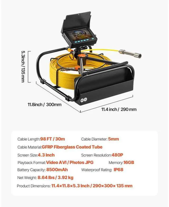 Alt view image 8 of 8 - VEVOR 98.4 Ft Pipe Inspection Camera Hd Drain Sewer Camera 4.3 In. Lcd Monitor
