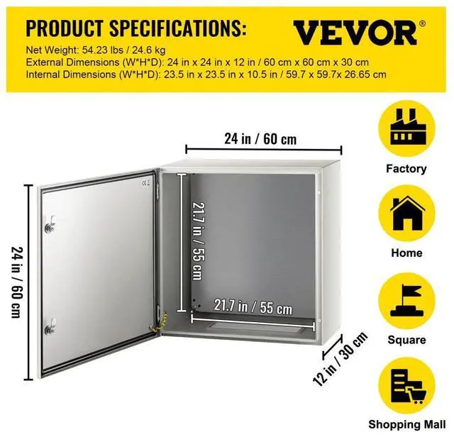 Alt view image 8 of 8 - VEVOR 24x24x12'' Carbon Steel Electrical Enclosure Wall Mount Junction Box Ip65