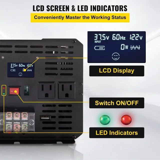 Alt view image 5 of 8 - VEVOR Power Inverter 5000W 10000W 12V DC to 110V 120V AC LCD Cable Car Boat RV VEVOR