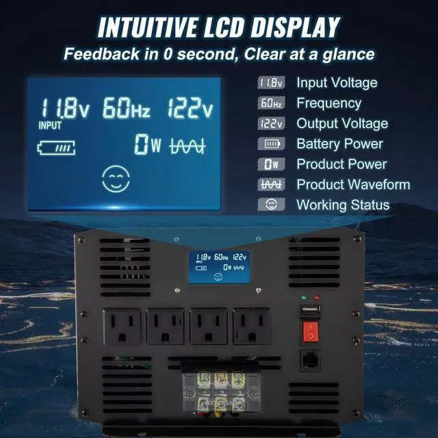 Alt view image 4 of 8 - VEVOR Pure Sine Wave Inverter Power Inverter 3500W DC12V to AC120V Inverter LCD