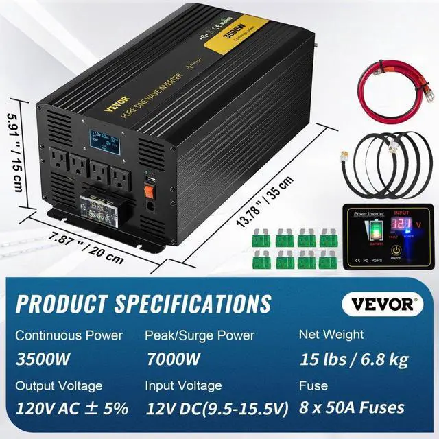 Alt view image 8 of 8 - VEVOR Pure Sine Wave Inverter Power Inverter 3500W DC12V to AC120V Inverter LCD