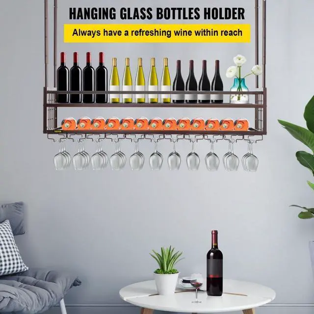 Alt view image 3 of 8 - VEVOR Ceiling Wine Glass Rack, 46.9 x 11.8 inch Hanging Wine Glass Rack, 18.9-35.8 inch Height Adjustable Hanging Wine Rack Cabinet, Coppery Wall-Mounted Wine Glass Rack Perfect for Bar Cafe Kitchen