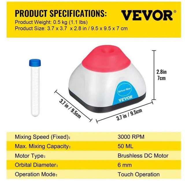 Alt view image 8 of 8 - VEVOR Mini Vortex Mixer Lab Vortex Mixer Shaker 3000rpm 50ml For Lab Paint Ink