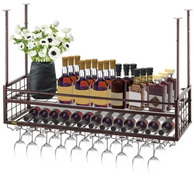 Alt view image 2 of 8 - VEVOR Ceiling Wine Glass Rack, 46.9 x 11.8 inch Hanging Wine Glass Rack, 18.9-35.8 inch Height Adjustable Hanging Wine Rack Cabinet, Coppery Wall-Mounted Wine Glass Rack Perfect for Bar Cafe Kitchen