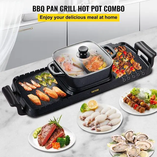 Alt view image 3 of 8 - VEVOR 2 in 1 Electric Grill and Hot Pot, 2400W BBQ Pan Grill and Hot Pot, Multifunctional Teppanyaki Grill Pot with Dual Temp Control, Smokeless Hot Pot Grill with Nonstick Coating for 1-8 People