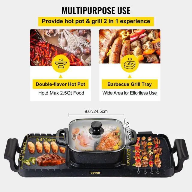 Alt view image 4 of 8 - VEVOR 2 in 1 Electric Grill and Hot Pot, 2400W BBQ Pan Grill and Hot Pot, Multifunctional Teppanyaki Grill Pot with Dual Temp Control, Smokeless Hot Pot Grill with Nonstick Coating for 1-8 People