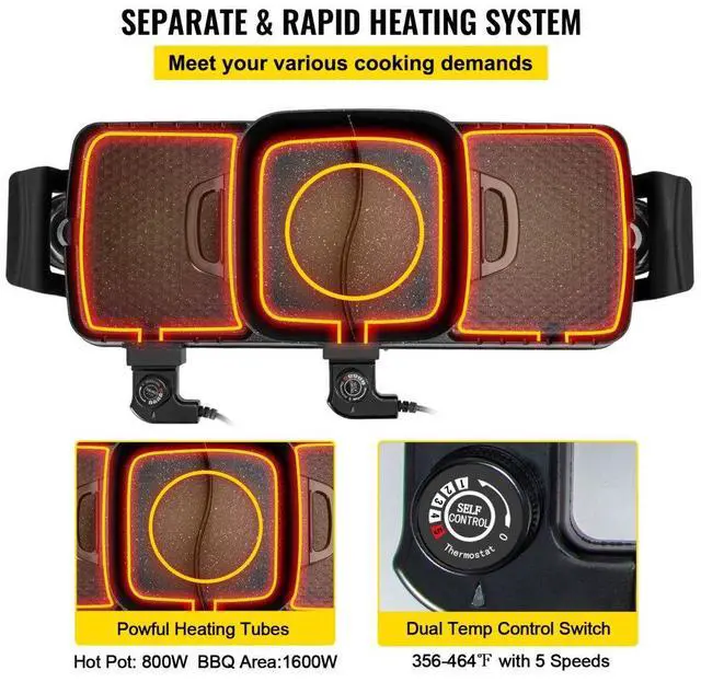 Alt view image 5 of 8 - VEVOR 2 in 1 Electric Grill and Hot Pot, 2400W BBQ Pan Grill and Hot Pot, Multifunctional Teppanyaki Grill Pot with Dual Temp Control, Smokeless Hot Pot Grill with Nonstick Coating for 1-8 People