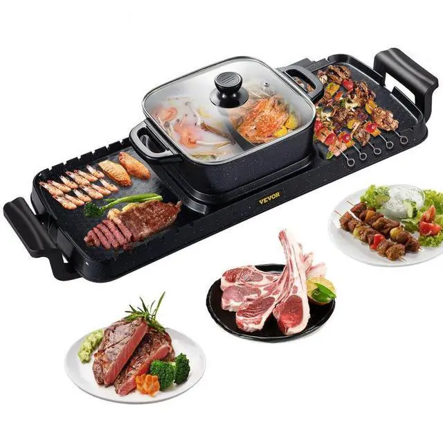 Alt view image 2 of 8 - VEVOR 2 in 1 Electric Grill and Hot Pot, 2400W BBQ Pan Grill and Hot Pot, Multifunctional Teppanyaki Grill Pot with Dual Temp Control, Smokeless Hot Pot Grill with Nonstick Coating for 1-8 People