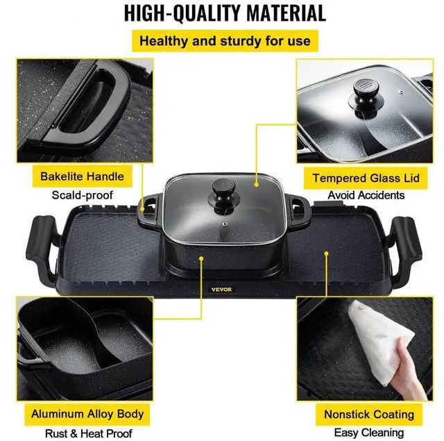 Alt view image 6 of 8 - VEVOR 2 in 1 Electric Grill and Hot Pot, 2400W BBQ Pan Grill and Hot Pot, Multifunctional Teppanyaki Grill Pot with Dual Temp Control, Smokeless Hot Pot Grill with Nonstick Coating for 1-8 People