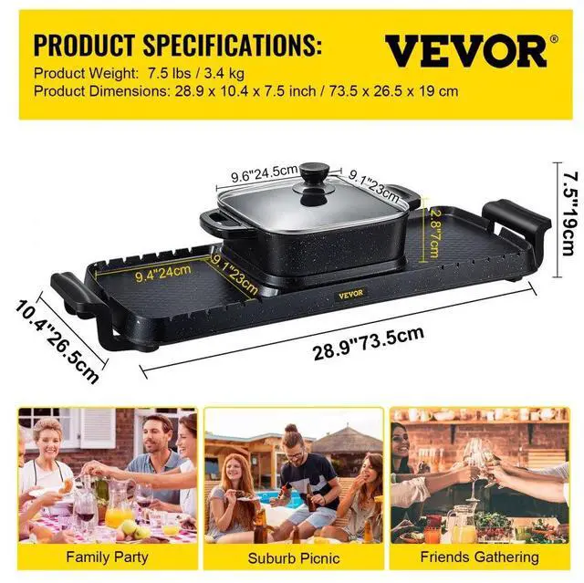 Alt view image 8 of 8 - VEVOR 2 in 1 Electric Grill and Hot Pot, 2400W BBQ Pan Grill and Hot Pot, Multifunctional Teppanyaki Grill Pot with Dual Temp Control, Smokeless Hot Pot Grill with Nonstick Coating for 1-8 People