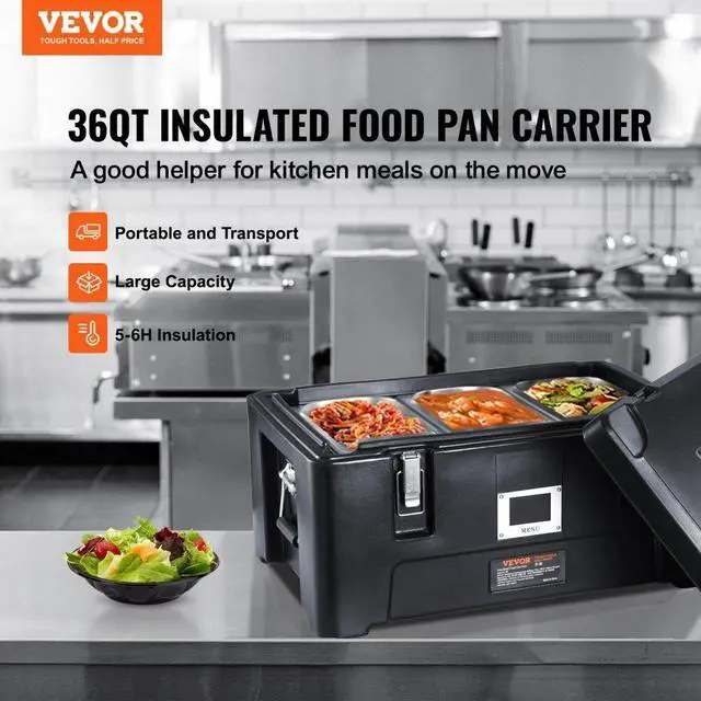 Alt view image 4 of 9 - VEVOR Insulated Food Pan Carrier, 36Qt Capacity, Stackable Catering Hot Box w/ 3 Stainless Steel Pans, Top Load LLDPE Food Warmer w/Elastic Side Handles and Buckles, for Restaurant Canteen, Black