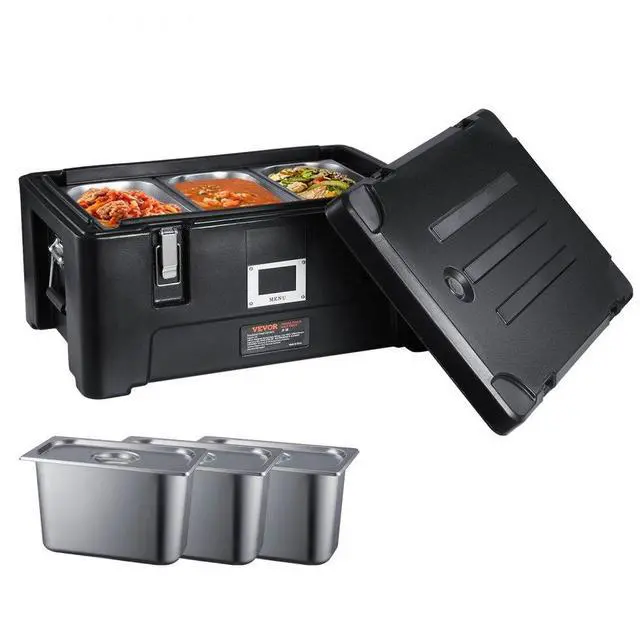Alt view image 2 of 9 - VEVOR Insulated Food Pan Carrier, 36Qt Capacity, Stackable Catering Hot Box w/ 3 Stainless Steel Pans, Top Load LLDPE Food Warmer w/Elastic Side Handles and Buckles, for Restaurant Canteen, Black