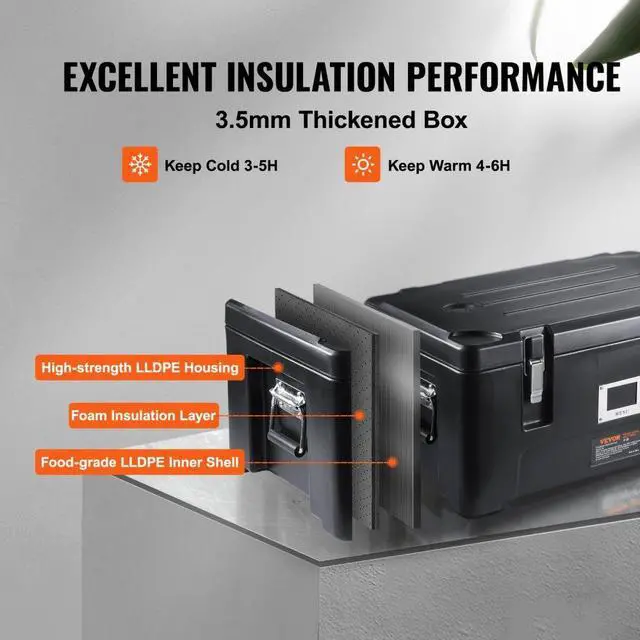 Alt view image 5 of 9 - VEVOR Insulated Food Pan Carrier, 36Qt Capacity, Stackable Catering Hot Box w/ 3 Stainless Steel Pans, Top Load LLDPE Food Warmer w/Elastic Side Handles and Buckles, for Restaurant Canteen, Black