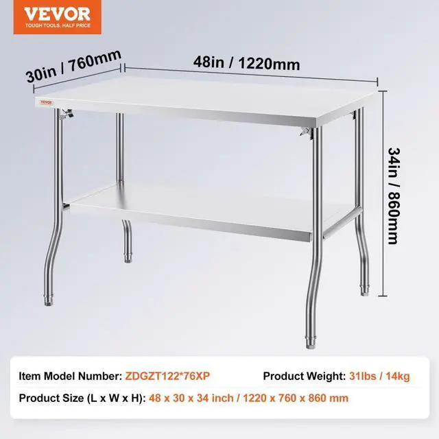 Alt view image 8 of 8 - VEVOR Commercial Worktable Workstation Folding Commercial Prep Table 48 X 30 In
