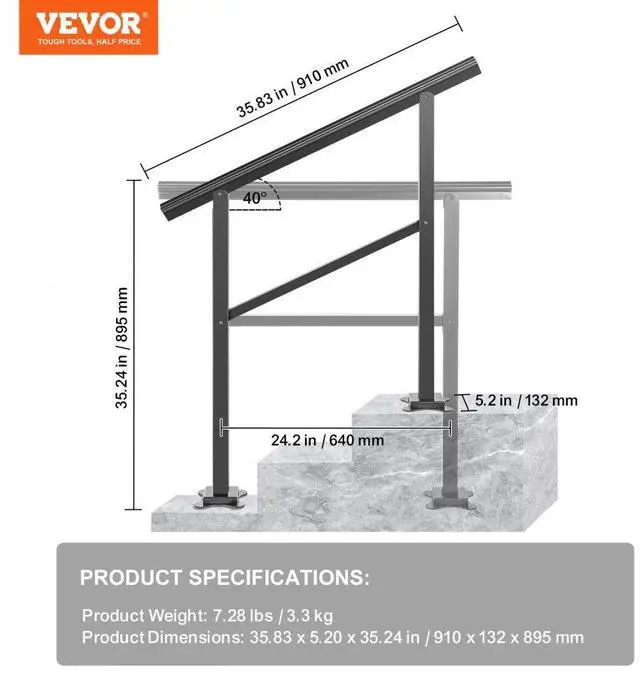 Alt view image 8 of 8 - VEVOR Adjustable Stair Handrail Railing Kit 2-3 Steps Aluminum Handrail Outdoor Deck