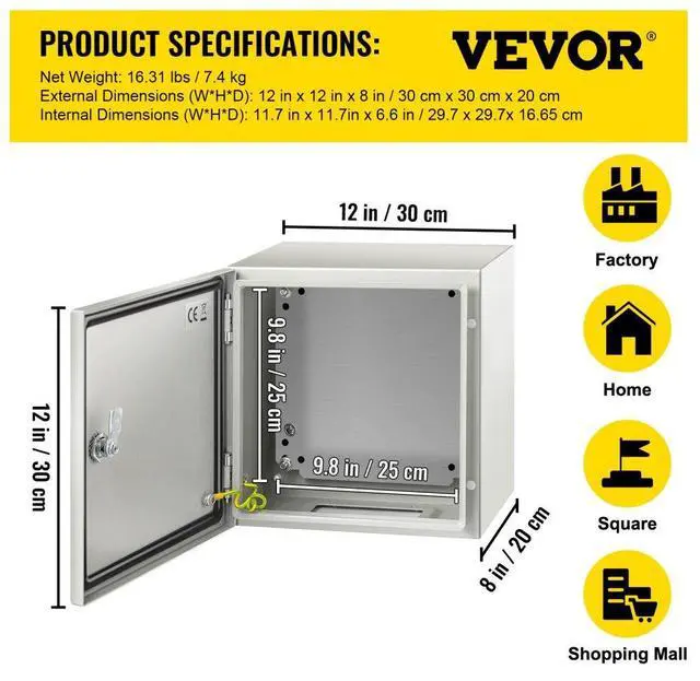 Alt view image 8 of 8 - VEVOR 12x12x8'' Carbon Steel Electrical Enclosure Wall Mount Junction Box Ip65