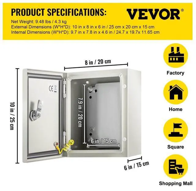 Alt view image 8 of 8 - VEVOR 10x8x6'' Carbon Steel Electrical Enclosure Wall Mount Junction Box Ip65