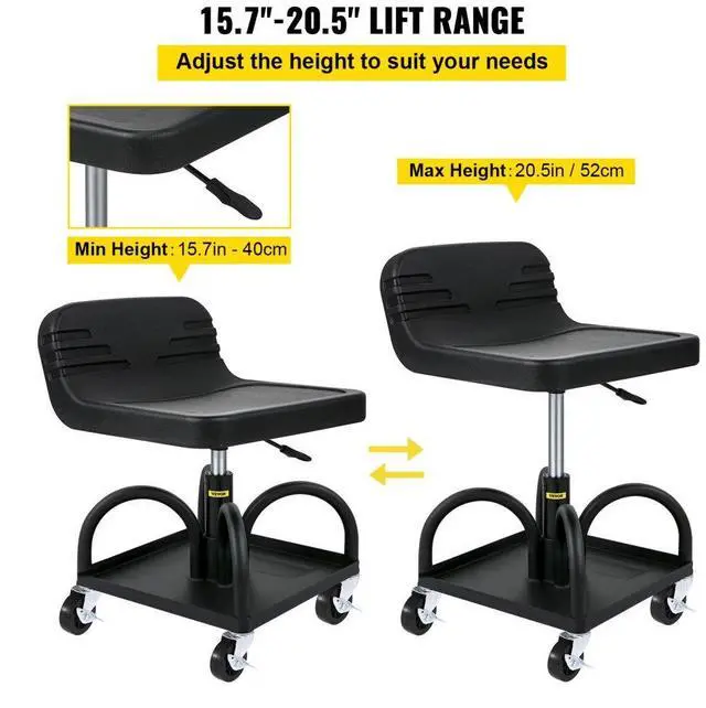 Alt view image 4 of 8 - VEVOR Rolling Garage Stool, 300LBS Capacity, Adjustable Height from 15.7 in to 20.5 in, Mechanic Seat with 360-degree Swivel Wheels and Tool Tray, for Workshop, Auto Repair Shop, Black