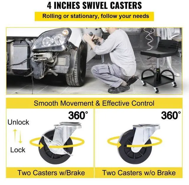 Alt view image 6 of 8 - VEVOR Rolling Garage Stool, 300LBS Capacity, Adjustable Height from 15.7 in to 20.5 in, Mechanic Seat with 360-degree Swivel Wheels and Tool Tray, for Workshop, Auto Repair Shop, Black