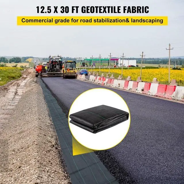 Alt view image 2 of 7 - VEVOR Geotextile Fabric, 12.5 x 30 ft 3.5oz Woven PP Driveway Drain Cloth w/ 600lbs Tensile Strength, Heavy Duty Underlayment for Soil Stabilization, Landscaping, Weed Barrier, 12.5FT30FT-3.5OZ, Black