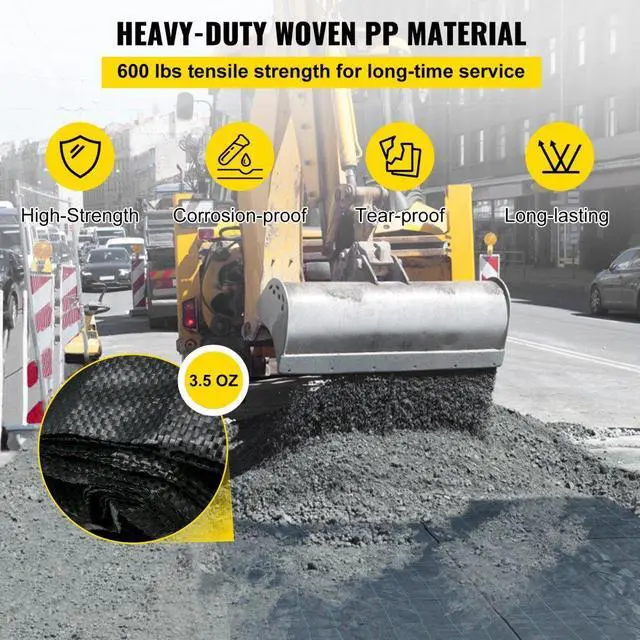 Alt view image 3 of 7 - VEVOR Geotextile Fabric, 12.5 x 30 ft 3.5oz Woven PP Driveway Drain Cloth w/ 600lbs Tensile Strength, Heavy Duty Underlayment for Soil Stabilization, Landscaping, Weed Barrier, 12.5FT30FT-3.5OZ, Black