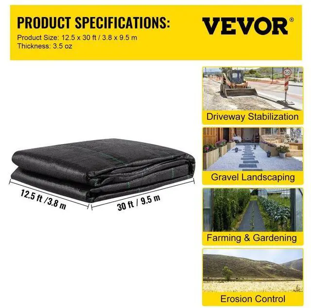 Alt view image 7 of 7 - VEVOR Geotextile Fabric, 12.5 x 30 ft 3.5oz Woven PP Driveway Drain Cloth w/ 600lbs Tensile Strength, Heavy Duty Underlayment for Soil Stabilization, Landscaping, Weed Barrier, 12.5FT30FT-3.5OZ, Black
