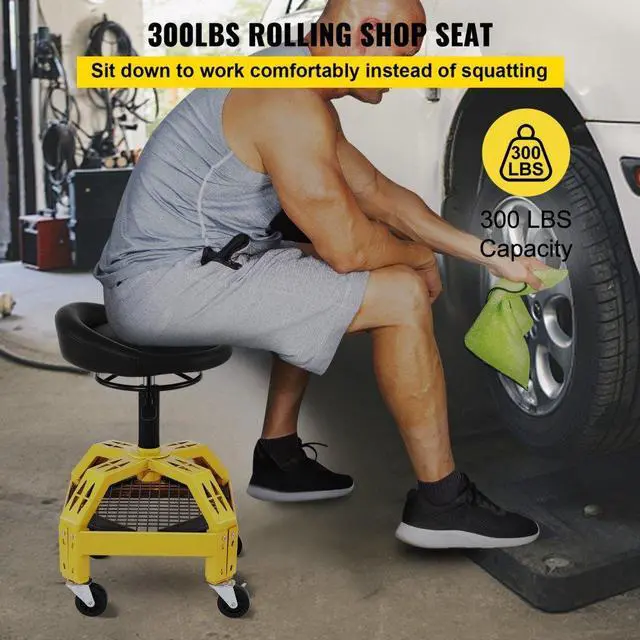 Alt view image 2 of 7 - VEVOR Rolling Garage Stool, 300LBS Capacity, Adjustable Height from 24 in to 28.7 in, Mechanic Seat with 360-degree Swivel Wheels and Tool Tray, for Workshop, Auto Repair Shop, Yellow