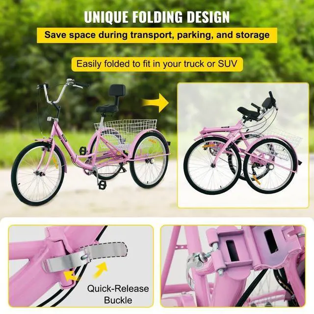 Alt view image 5 of 8 - VEVOR Tricycle Adult 26 Wheels Adult Tricycle 7-Speed 3 Wheel Bikes For Adults Three Wheel Bike For Adults Adult Trike Adult Folding Tricycle Foldable Adult Tricycle 3 Wheel Bike Trike For Adults