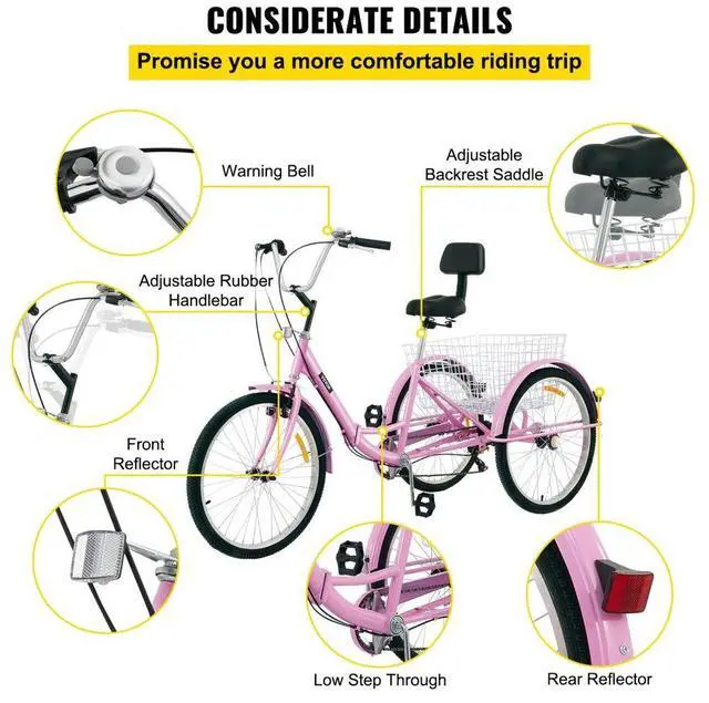 Alt view image 7 of 8 - VEVOR Tricycle Adult 26 Wheels Adult Tricycle 7-Speed 3 Wheel Bikes For Adults Three Wheel Bike For Adults Adult Trike Adult Folding Tricycle Foldable Adult Tricycle 3 Wheel Bike Trike For Adults
