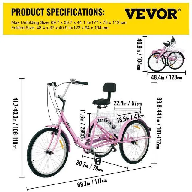 Alt view image 8 of 8 - VEVOR Tricycle Adult 26 Wheels Adult Tricycle 7-Speed 3 Wheel Bikes For Adults Three Wheel Bike For Adults Adult Trike Adult Folding Tricycle Foldable Adult Tricycle 3 Wheel Bike Trike For Adults
