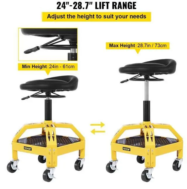 Alt view image 3 of 7 - VEVOR Rolling Garage Stool, 300LBS Capacity, Adjustable Height from 24 in to 28.7 in, Mechanic Seat with 360-degree Swivel Wheels and Tool Tray, for Workshop, Auto Repair Shop, Yellow