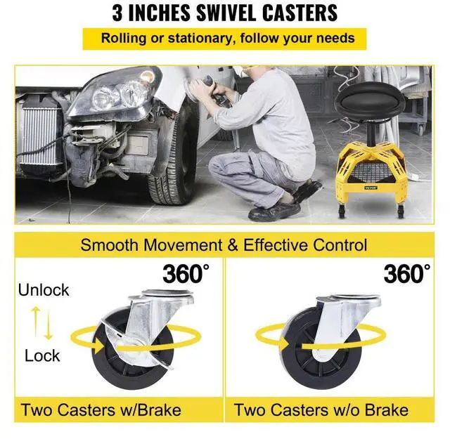 Alt view image 5 of 7 - VEVOR Rolling Garage Stool, 300LBS Capacity, Adjustable Height from 24 in to 28.7 in, Mechanic Seat with 360-degree Swivel Wheels and Tool Tray, for Workshop, Auto Repair Shop, Yellow