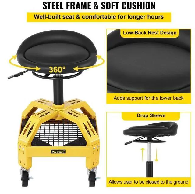Alt view image 6 of 7 - VEVOR Rolling Garage Stool, 300LBS Capacity, Adjustable Height from 24 in to 28.7 in, Mechanic Seat with 360-degree Swivel Wheels and Tool Tray, for Workshop, Auto Repair Shop, Yellow