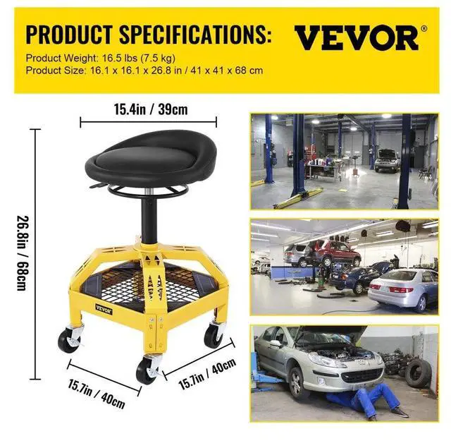 Alt view image 7 of 7 - VEVOR Rolling Garage Stool, 300LBS Capacity, Adjustable Height from 24 in to 28.7 in, Mechanic Seat with 360-degree Swivel Wheels and Tool Tray, for Workshop, Auto Repair Shop, Yellow