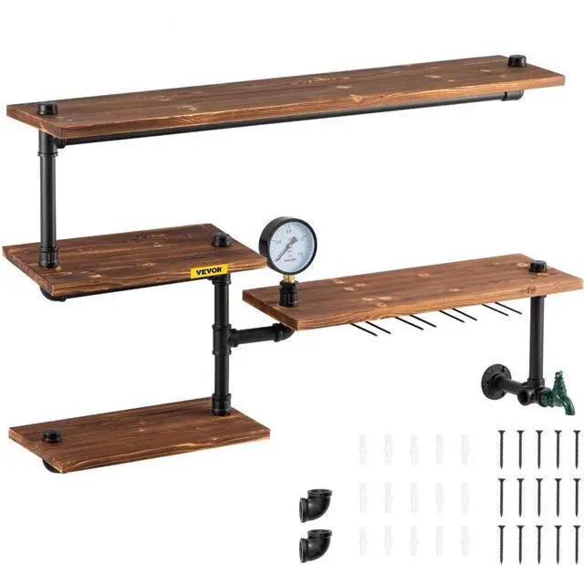 Alt view image 2 of 8 - VEVOR Iron Pipes Shelving, Industrial Steel Pipe Shelf w/ 4-Tier Wood Planks, Wall Mounted Modern Rustic Floating Shelves, DIY Storage Bracket for Bathroom, Bookshelf, Kitchen, and Home Decor