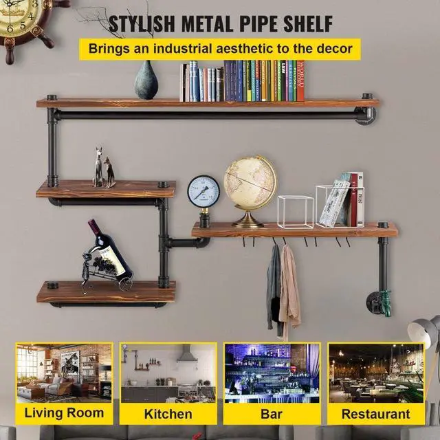 Alt view image 3 of 8 - VEVOR Iron Pipes Shelving, Industrial Steel Pipe Shelf w/ 4-Tier Wood Planks, Wall Mounted Modern Rustic Floating Shelves, DIY Storage Bracket for Bathroom, Bookshelf, Kitchen, and Home Decor