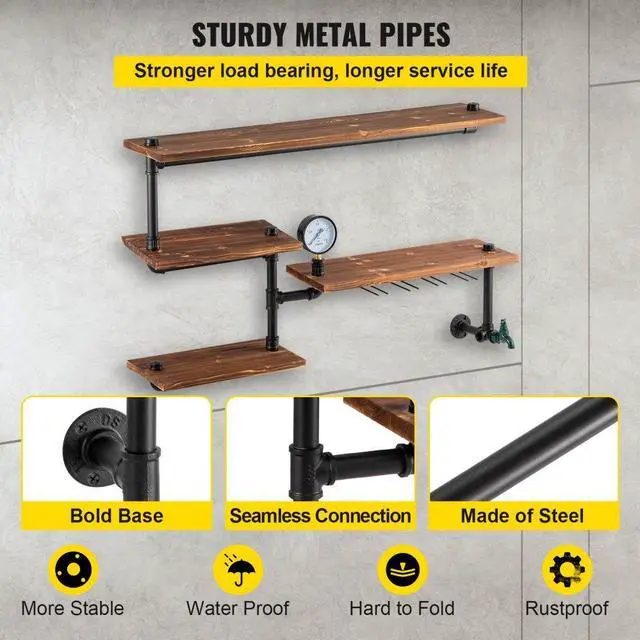 Alt view image 5 of 8 - VEVOR Iron Pipes Shelving, Industrial Steel Pipe Shelf w/ 4-Tier Wood Planks, Wall Mounted Modern Rustic Floating Shelves, DIY Storage Bracket for Bathroom, Bookshelf, Kitchen, and Home Decor