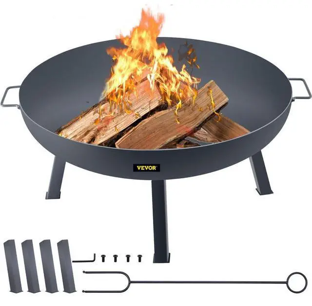 Alt view image 2 of 8 - VEVOR Fire Pit Bowl, 34-Inch Diameter Round Carbon Steel Fire Bowl, Wood Burning for Outdoor Patios, Backyards & Camping Uses, with A Drain Hole, Portable Handles and A Firewood Stick, Black