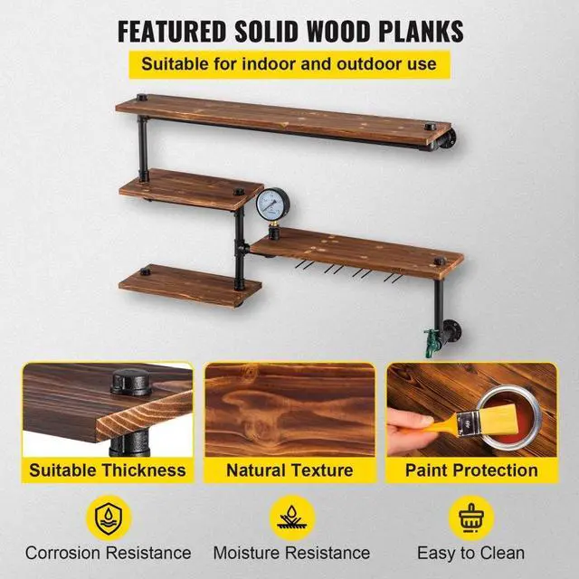 Alt view image 6 of 8 - VEVOR Iron Pipes Shelving, Industrial Steel Pipe Shelf w/ 4-Tier Wood Planks, Wall Mounted Modern Rustic Floating Shelves, DIY Storage Bracket for Bathroom, Bookshelf, Kitchen, and Home Decor