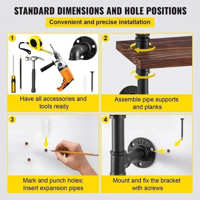 Alt view image 7 of 8 - VEVOR Iron Pipes Shelving, Industrial Steel Pipe Shelf w/ 4-Tier Wood Planks, Wall Mounted Modern Rustic Floating Shelves, DIY Storage Bracket for Bathroom, Bookshelf, Kitchen, and Home Decor
