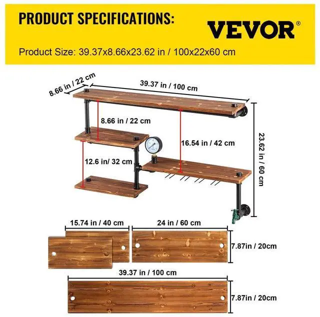 Alt view image 8 of 8 - VEVOR Iron Pipes Shelving, Industrial Steel Pipe Shelf w/ 4-Tier Wood Planks, Wall Mounted Modern Rustic Floating Shelves, DIY Storage Bracket for Bathroom, Bookshelf, Kitchen, and Home Decor