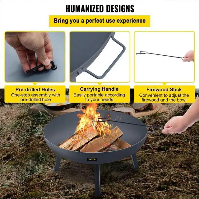 Alt view image 6 of 8 - VEVOR Fire Pit Bowl, 34-Inch Diameter Round Carbon Steel Fire Bowl, Wood Burning for Outdoor Patios, Backyards & Camping Uses, with A Drain Hole, Portable Handles and A Firewood Stick, Black