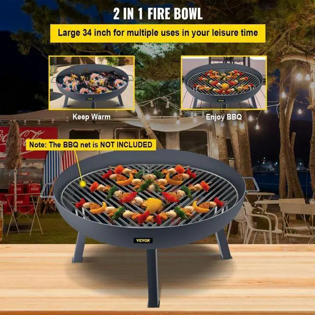 Alt view image 4 of 8 - VEVOR Fire Pit Bowl, 34-Inch Diameter Round Carbon Steel Fire Bowl, Wood Burning for Outdoor Patios, Backyards & Camping Uses, with A Drain Hole, Portable Handles and A Firewood Stick, Black