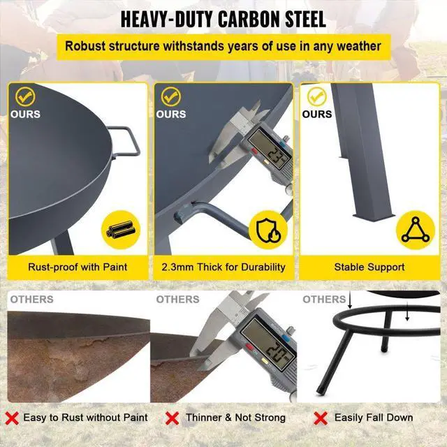 Alt view image 5 of 8 - VEVOR Fire Pit Bowl, 34-Inch Diameter Round Carbon Steel Fire Bowl, Wood Burning for Outdoor Patios, Backyards & Camping Uses, with A Drain Hole, Portable Handles and A Firewood Stick, Black