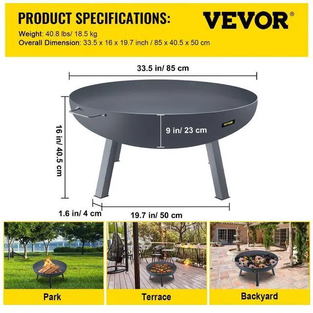 Alt view image 8 of 8 - VEVOR Fire Pit Bowl, 34-Inch Diameter Round Carbon Steel Fire Bowl, Wood Burning for Outdoor Patios, Backyards & Camping Uses, with A Drain Hole, Portable Handles and A Firewood Stick, Black