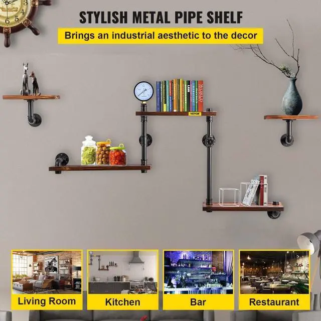 Alt view image 3 of 8 - VEVOR Industrial Pipe Shelving, Pipe Shelves with 5-Tier Wood Planks, Rustic Floating Shelves Wall Mounted, Wall Shelf DIY Bookshelf for Bar Kitchen Bathroom Farmhouse Living Room, 47x28x9 inch