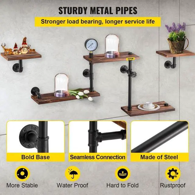Alt view image 5 of 8 - VEVOR Industrial Pipe Shelving, Pipe Shelves with 5-Tier Wood Planks, Rustic Floating Shelves Wall Mounted, Wall Shelf DIY Bookshelf for Bar Kitchen Bathroom Farmhouse Living Room, 47x28x9 inch