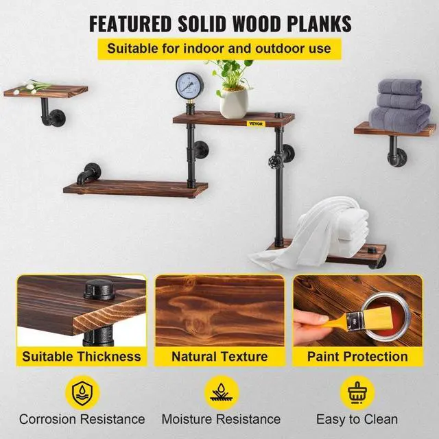 Alt view image 6 of 8 - VEVOR Industrial Pipe Shelving, Pipe Shelves with 5-Tier Wood Planks, Rustic Floating Shelves Wall Mounted, Wall Shelf DIY Bookshelf for Bar Kitchen Bathroom Farmhouse Living Room, 47x28x9 inch